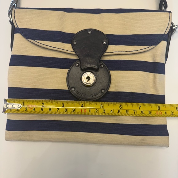 Ralph Lauren Purple Label Striped Canvas Crossbody | Navy & Cream | Red Interior - Picture 7 of 9